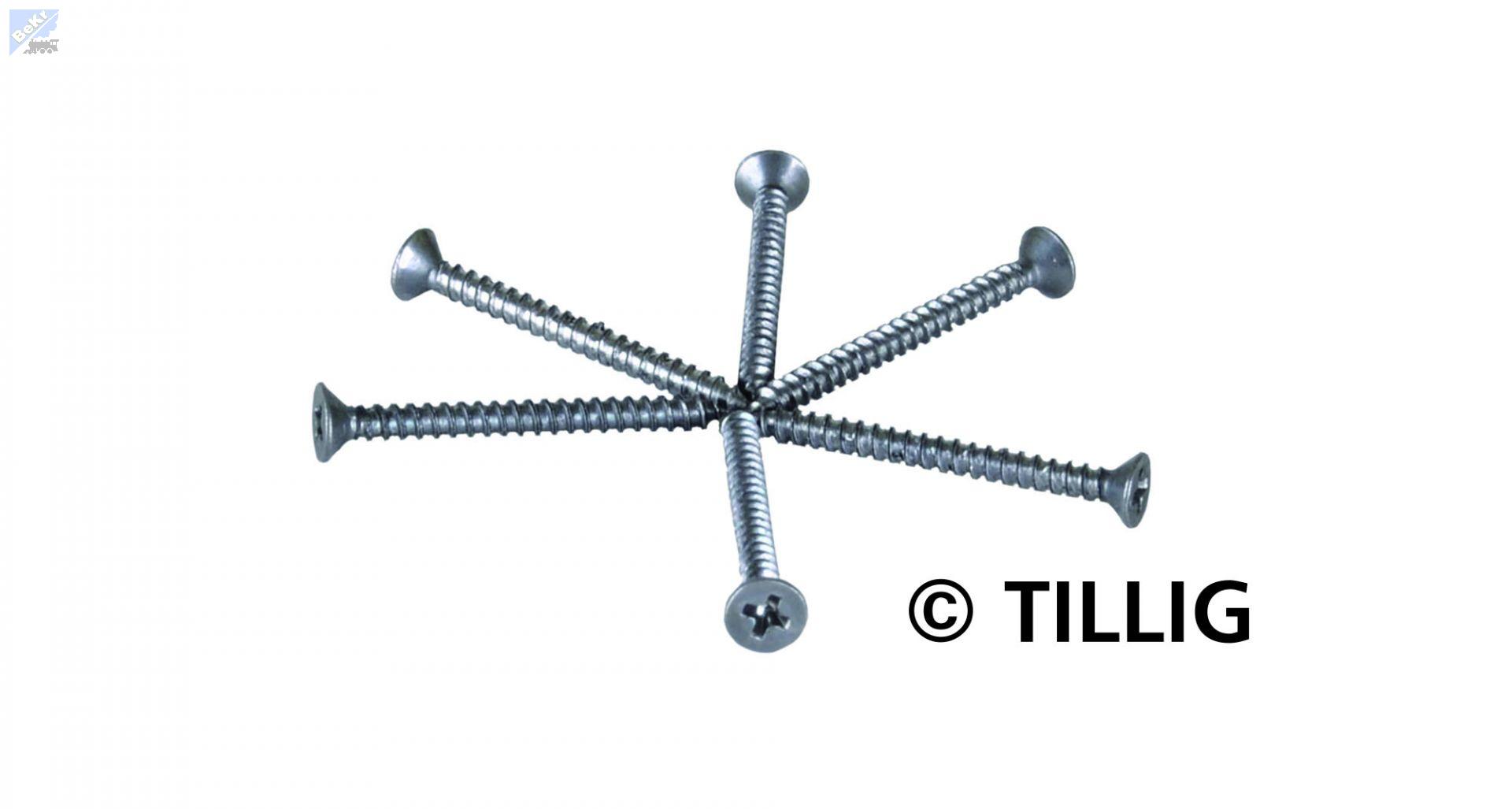 Tillig 08976 Vruty na připevnění kolejí 1,4 x 15 mm/100 ks, černé, rovná zapuštěná hlava, křížový šroubovák