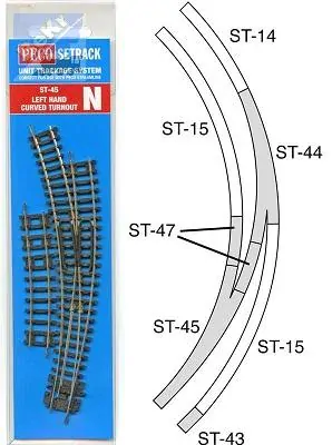 Peco ST45 Oblouková výhybka levá R 298,5/R 259 mm, izolovaná srdcovka, 2ks vyrovnávací kleje