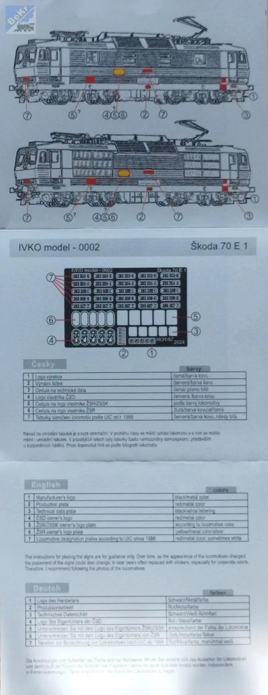 IVKO model 0002 Leptané doplňky na elektrickou lokomotivu Škoda 70 E 1, 263, ČSD / ZSSK (ŽSR)