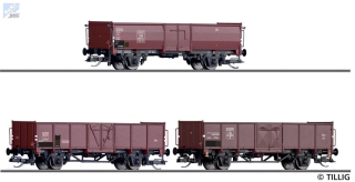 Tillig 01036 Set tří 2-osých otevřených vozů E DSB, L SBB-CFF, Omm52 DB   s nákladem uhlí DB, SBB a DSB EUROP